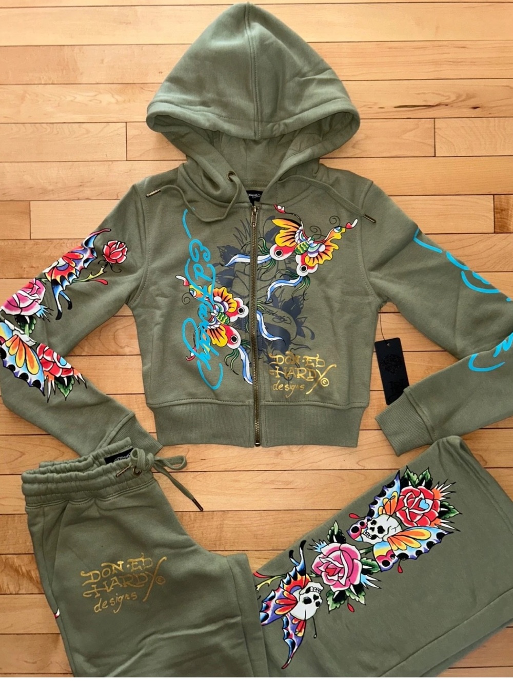 NEW! ED HARDY Butterflies & Skulls Hoodie & Pant Tracksuit Light Olive Size XS